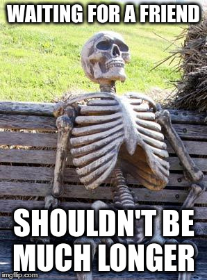 Waiting Skeleton Meme | WAITING FOR A FRIEND SHOULDN'T BE MUCH LONGER | image tagged in memes,waiting skeleton | made w/ Imgflip meme maker