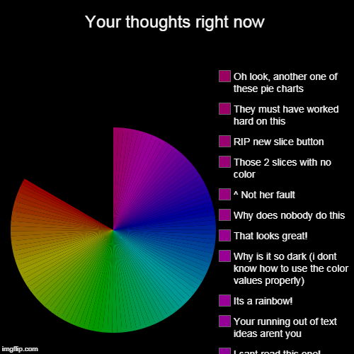 Your thoughts right now |, I cant read this one!, Your running out of text ideas arent you, Its a rainbow!, Why is it so dark (i dont know h | image tagged in funny,pie charts | made w/ Imgflip chart maker