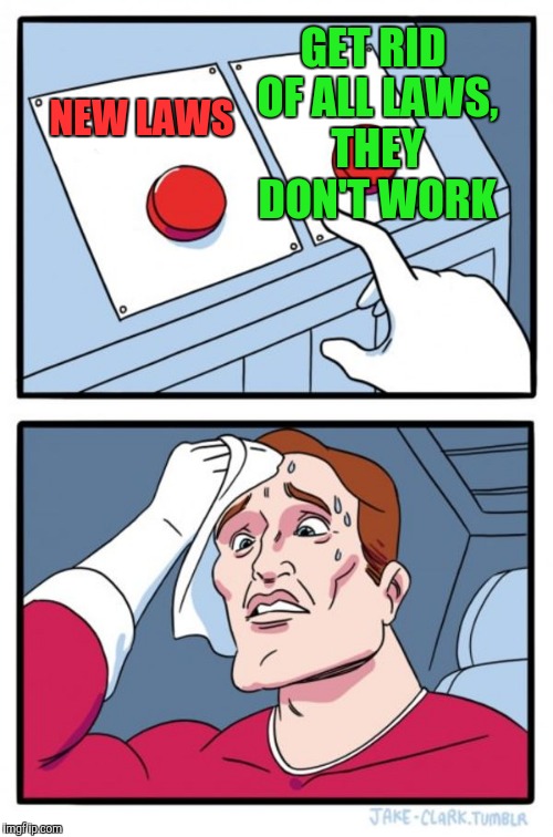 Two Buttons Meme | NEW LAWS GET RID OF ALL LAWS, THEY DON'T WORK | image tagged in memes,two buttons | made w/ Imgflip meme maker