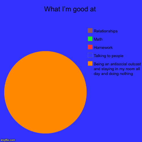 What I’m good at | Being an antisocial outcast and staying in my room all day and doing nothing, Talking to people, Homework, Math, Relation | image tagged in funny,pie charts | made w/ Imgflip chart maker