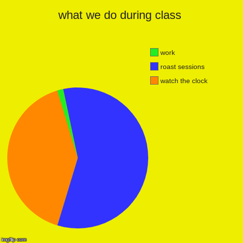 what we do during class | watch the clock, roast sessions, work | image tagged in funny,pie charts | made w/ Imgflip chart maker