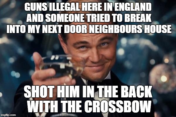 Called the police immediately... called the ambulance 15 minutes later.. | GUNS ILLEGAL HERE IN ENGLAND AND SOMEONE TRIED TO BREAK INTO MY NEXT DOOR NEIGHBOURS HOUSE; SHOT HIM IN THE BACK WITH THE CROSSBOW | image tagged in memes,leonardo dicaprio cheers | made w/ Imgflip meme maker