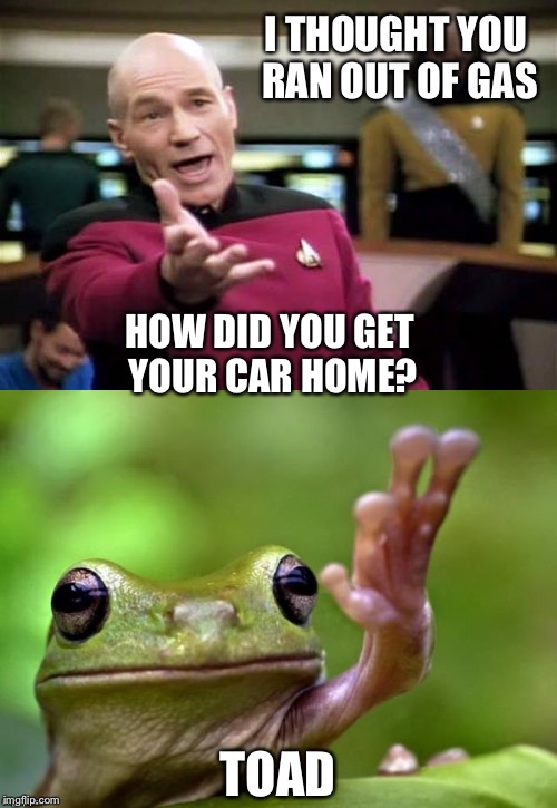 Stupid Question Picard | I THOUGHT YOU RAN OUT OF GAS; HOW DID YOU GET YOUR CAR HOME? TOAD | image tagged in picard wtf | made w/ Imgflip meme maker