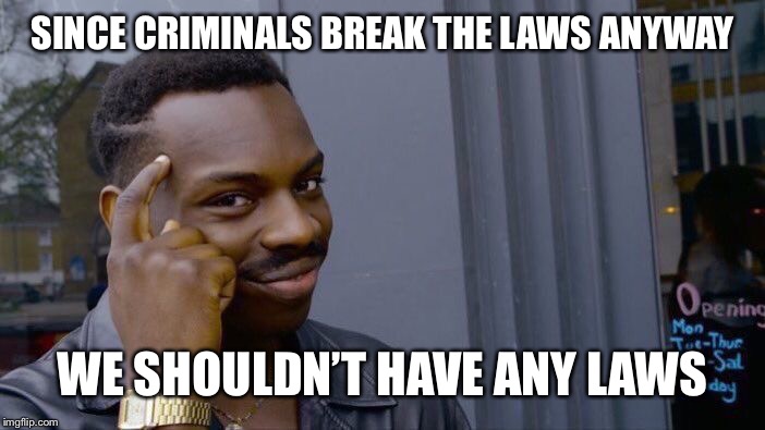 Roll Safe Think About It Meme | SINCE CRIMINALS BREAK THE LAWS ANYWAY; WE SHOULDN’T HAVE ANY LAWS | image tagged in memes,roll safe think about it | made w/ Imgflip meme maker
