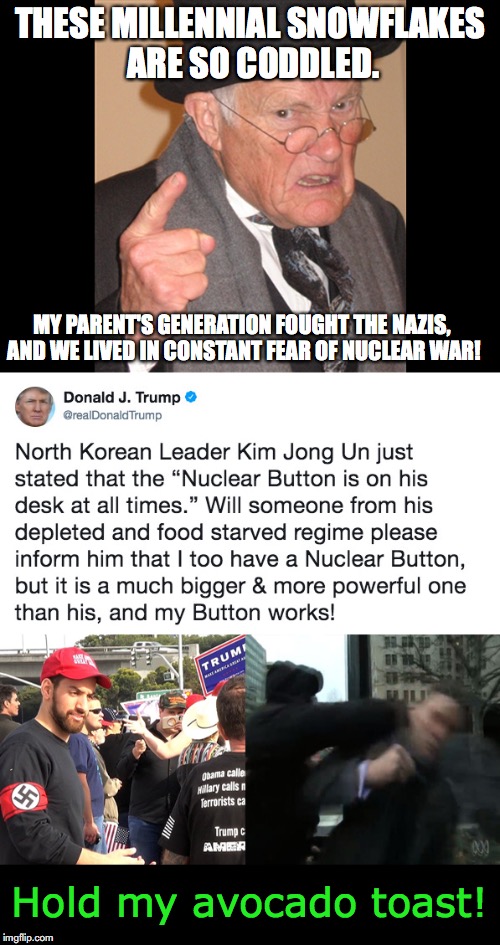 Hold my Avocado Toast | THESE MILLENNIAL SNOWFLAKES ARE SO CODDLED. MY PARENT'S GENERATION FOUGHT THE NAZIS, AND WE LIVED IN CONSTANT FEAR OF NUCLEAR WAR! Hold my avocado toast! | image tagged in back in my day,angry old man,millennials,scumbag baby boomers,donald trump,nazis | made w/ Imgflip meme maker