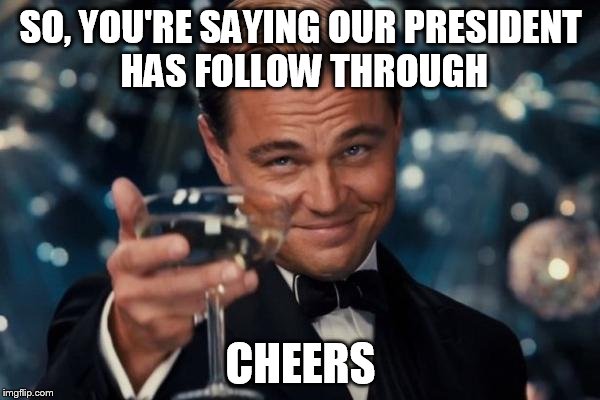 Leonardo Dicaprio Cheers Meme | SO, YOU'RE SAYING OUR PRESIDENT HAS FOLLOW THROUGH CHEERS | image tagged in memes,leonardo dicaprio cheers | made w/ Imgflip meme maker