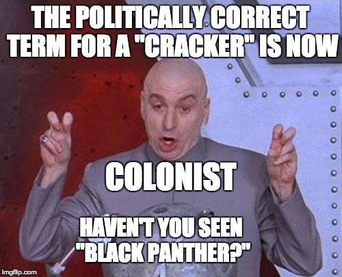 Dr Evil Laser Meme | THE POLITICALLY CORRECT TERM FOR A "CRACKER" IS NOW COLONIST HAVEN'T YOU SEEN "BLACK PANTHER?" | image tagged in memes,dr evil laser | made w/ Imgflip meme maker