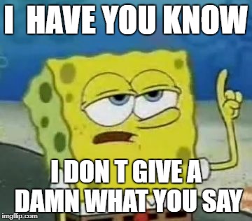I'll Have You Know Spongebob Meme | I  HAVE YOU KNOW; I DON T GIVE A DAMN WHAT YOU SAY | image tagged in memes,ill have you know spongebob | made w/ Imgflip meme maker