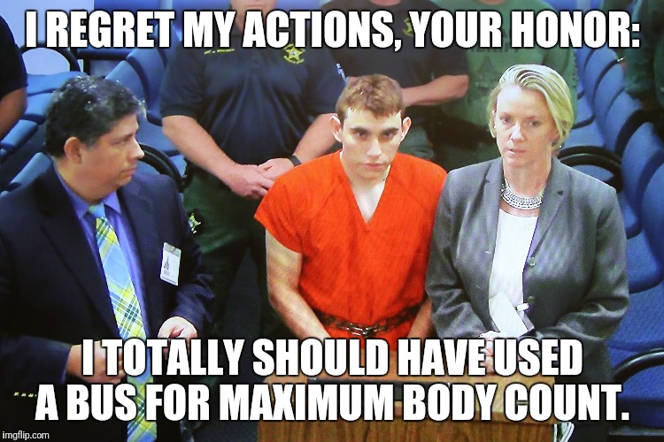 Suspect in courrt | I REGRET MY ACTIONS, YOUR HONOR:; I TOTALLY SHOULD HAVE USED A BUS FOR MAXIMUM BODY COUNT. | image tagged in politics,american politics,gun control,terrorism | made w/ Imgflip meme maker