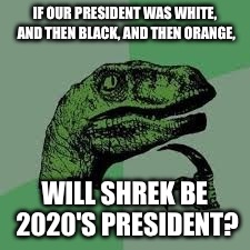 Fifty Shades of Green | IF OUR PRESIDENT WAS WHITE, AND THEN BLACK, AND THEN ORANGE, WILL SHREK BE 2020'S PRESIDENT? | image tagged in president,shrek,colors | made w/ Imgflip meme maker