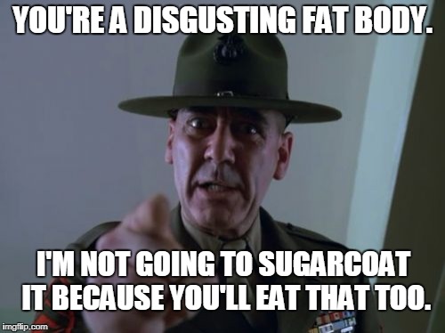 Sergeant Hartmann on "body acceptance"  |  YOU'RE A DISGUSTING FAT BODY. I'M NOT GOING TO SUGARCOAT IT BECAUSE YOU'LL EAT THAT TOO. | image tagged in memes,sergeant hartmann,body acceptance,fat,obese,fat women | made w/ Imgflip meme maker