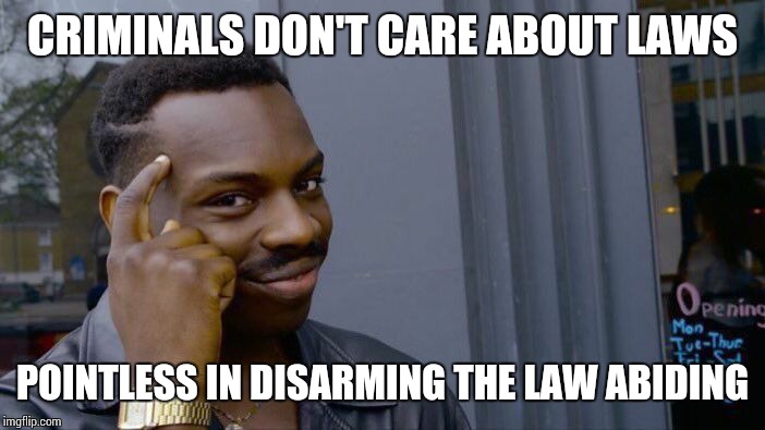 Disarm Who? | CRIMINALS DON'T CARE ABOUT LAWS; POINTLESS IN DISARMING THE LAW ABIDING | image tagged in memes,roll safe think about it,gun | made w/ Imgflip meme maker
