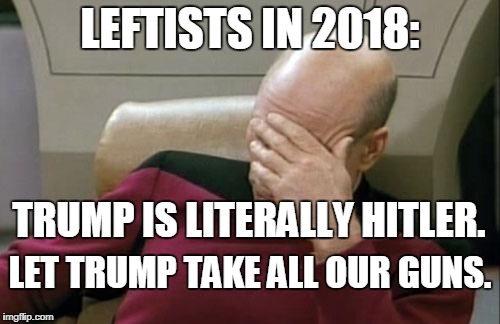 Didn't Hitler enact strict gun control before he implemented the "final solution"?   | LEFTISTS IN 2018:; TRUMP IS LITERALLY HITLER. LET TRUMP TAKE ALL OUR GUNS. | image tagged in memes,captain picard facepalm,trump,hitler,gun control,2018 | made w/ Imgflip meme maker