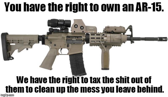 Hospital bills, burial expenses, cleaning bloodstains off elementary school playgrounds... | You have the right to own an AR-15. We have the right to tax the shit out of them to clean up the mess you leave behind. | image tagged in guns,assault rifle,assault weapons | made w/ Imgflip meme maker