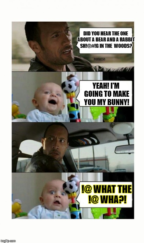Hey Rock STFU | DID YOU HEAR THE ONE ABOUT A BEAR AND A RABBIT SH!@#!G IN THE  WOODS? YEAH! I'M GOING TO MAKE YOU MY BUNNY! !@ WHAT THE !@ WHA?! | image tagged in the rock baby,bunny,rabbit,hey rock stfu | made w/ Imgflip meme maker