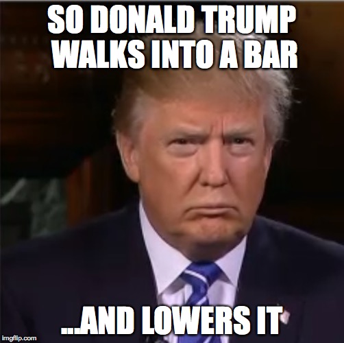 Donald Trump sulk | SO DONALD TRUMP WALKS INTO A BAR; ...AND LOWERS IT | image tagged in donald trump sulk | made w/ Imgflip meme maker