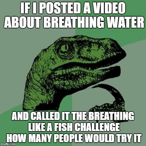 Philosoraptor Meme | IF I POSTED A VIDEO ABOUT BREATHING WATER; AND CALLED IT THE BREATHING LIKE A FISH CHALLENGE HOW MANY PEOPLE WOULD TRY IT | image tagged in memes,philosoraptor | made w/ Imgflip meme maker