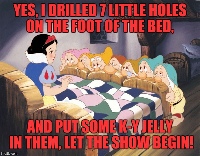 Snow white | YES, I DRILLED 7 LITTLE HOLES ON THE FOOT OF THE BED, AND PUT SOME K-Y JELLY IN THEM, LET THE SHOW BEGIN! | image tagged in snow white | made w/ Imgflip meme maker
