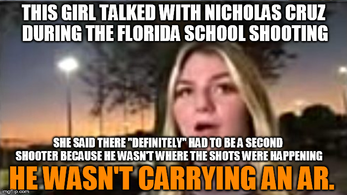 Something stinks worse than ten day old fish in Florida | THIS GIRL TALKED WITH NICHOLAS CRUZ DURING THE FLORIDA SCHOOL SHOOTING; SHE SAID THERE "DEFINITELY" HAD TO BE A SECOND SHOOTER BECAUSE HE WASN'T WHERE THE SHOTS WERE HAPPENING; HE WASN'T CARRYING AN AR. | image tagged in florida,school shooting,rifle | made w/ Imgflip meme maker