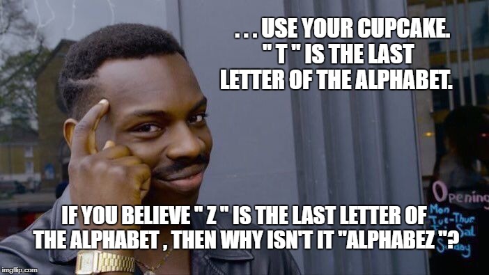 Roll Safe Think About It | . . . USE YOUR CUPCAKE. 
" T " IS THE LAST LETTER OF THE ALPHABET. IF YOU BELIEVE " Z " IS THE LAST LETTER OF THE ALPHABET , THEN WHY ISN'T IT "ALPHABEZ "? | image tagged in memes,roll safe think about it | made w/ Imgflip meme maker