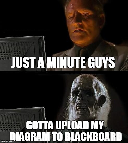 I'll Just Wait Here | JUST A MINUTE GUYS; GOTTA UPLOAD MY DIAGRAM TO BLACKBOARD | image tagged in memes,ill just wait here,blackboard | made w/ Imgflip meme maker