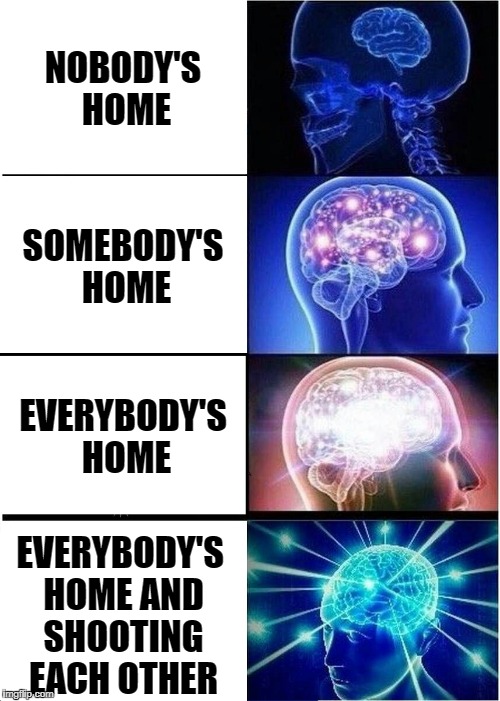 Expanding Brain Meme | NOBODY'S HOME; SOMEBODY'S HOME; EVERYBODY'S HOME; EVERYBODY'S HOME AND SHOOTING EACH OTHER | image tagged in memes,expanding brain | made w/ Imgflip meme maker