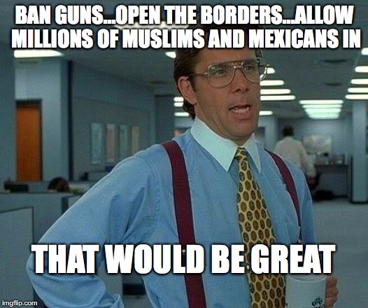 LIBERAL IDEOLOGY | BAN GUNS...OPEN THE BORDERS...ALLOW MILLIONS OF MUSLIMS AND MEXICANS IN; THAT WOULD BE GREAT | image tagged in memes,that would be great | made w/ Imgflip meme maker