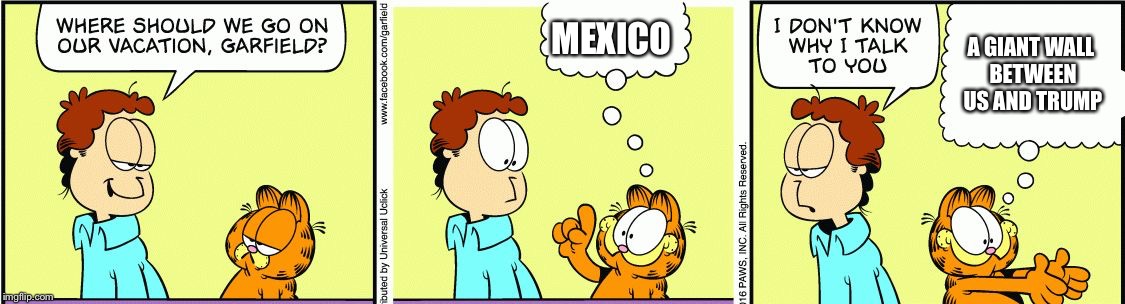 Garfield comic vacation | MEXICO; A GIANT WALL BETWEEN US AND TRUMP | image tagged in garfield comic vacation | made w/ Imgflip meme maker