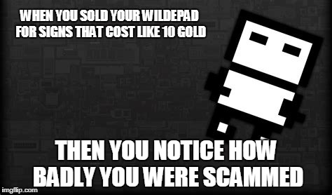 WHEN YOU SOLD YOUR WILDEPAD FOR SIGNS THAT COST LIKE 10 GOLD; THEN YOU NOTICE HOW BADLY YOU WERE SCAMMED | image tagged in 8bitmmo | made w/ Imgflip meme maker