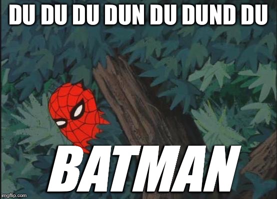 Hiding in bushes Spider-Man | DU DU DU DUN DU DUND DU; BATMAN | image tagged in hiding in bushes spider-man | made w/ Imgflip meme maker