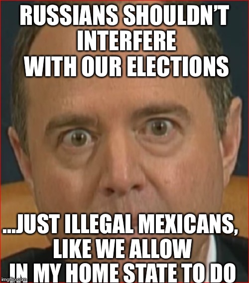 Adam Schiff | RUSSIANS SHOULDN’T INTERFERE WITH OUR ELECTIONS; ...JUST ILLEGAL MEXICANS, LIKE WE ALLOW IN MY HOME STATE TO DO | image tagged in adam schiff,illegal aliens,russian bots,mexicans,california,democratic party | made w/ Imgflip meme maker