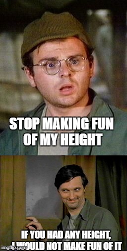 Hawkeye and Radar | STOP MAKING FUN OF MY HEIGHT; IF YOU HAD ANY HEIGHT, I WOULD NOT MAKE FUN OF IT | image tagged in radar,hawkeye | made w/ Imgflip meme maker