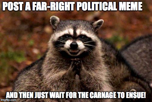 Mwahahahaha | POST A FAR-RIGHT POLITICAL MEME; AND THEN JUST WAIT FOR THE CARNAGE TO ENSUE! | image tagged in memes,evil plotting raccoon,funny,politics,imgflip | made w/ Imgflip meme maker