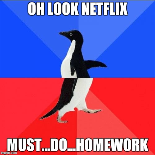Socially Awkward Awesome Penguin Meme | OH LOOK NETFLIX; MUST...DO...HOMEWORK | image tagged in memes,socially awkward awesome penguin | made w/ Imgflip meme maker