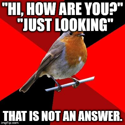 Retail Robin | "HI, HOW ARE YOU?" 
"JUST LOOKING"; THAT IS NOT AN ANSWER. | image tagged in retail robin | made w/ Imgflip meme maker