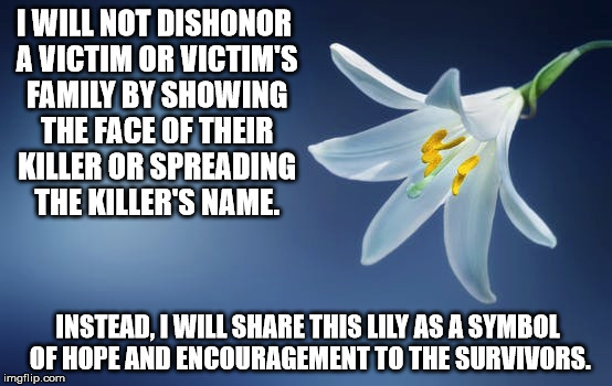 Honor the Victims.  Support the Survivors. | I WILL NOT DISHONOR A VICTIM OR VICTIM'S FAMILY BY SHOWING THE FACE OF THEIR KILLER OR SPREADING THE KILLER'S NAME. INSTEAD, I WILL SHARE THIS LILY AS A SYMBOL OF HOPE AND ENCOURAGEMENT TO THE SURVIVORS. | image tagged in victims,survivors,shooting,florida,texas,school | made w/ Imgflip meme maker