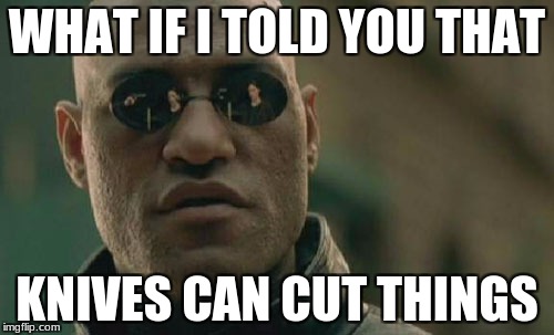 Matrix Morpheus Meme | WHAT IF I TOLD YOU THAT; KNIVES CAN CUT THINGS | image tagged in memes,matrix morpheus | made w/ Imgflip meme maker