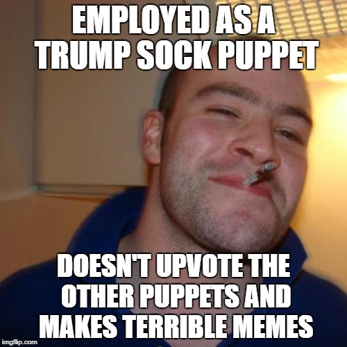 "How'd he get hired?" | EMPLOYED AS A TRUMP SOCK PUPPET; DOESN'T UPVOTE THE OTHER PUPPETS AND MAKES TERRIBLE MEMES | image tagged in memes,good guy greg | made w/ Imgflip meme maker