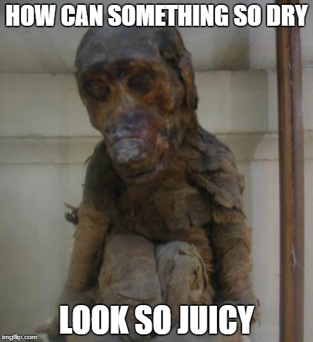 Something So Dry | HOW CAN SOMETHING SO DRY; LOOK SO JUICY | image tagged in juicy,dry,monkey,mummy,sweet brown | made w/ Imgflip meme maker