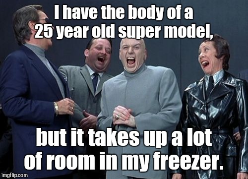 Laughing Villains Meme | I have the body of a 25 year old super model, but it takes up a lot of room in my freezer. | image tagged in memes,laughing villains | made w/ Imgflip meme maker