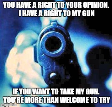 gun in face | YOU HAVE A RIGHT TO YOUR OPINION. I HAVE A RIGHT TO MY GUN; IF YOU WANT TO TAKE MY GUN. YOU'RE MORE THAN WELCOME TO TRY | image tagged in gun in face,am i the only one around here,how tough are you | made w/ Imgflip meme maker