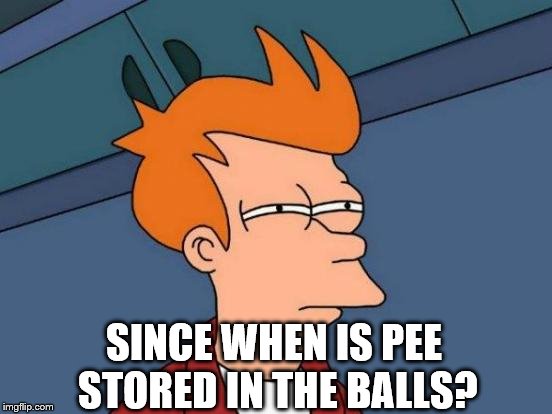 Futurama Fry Meme | SINCE WHEN IS PEE STORED IN THE BALLS? | image tagged in memes,futurama fry | made w/ Imgflip meme maker
