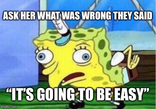 ASK HER WHAT WAS WRONG THEY SAID “IT’S GOING TO BE EASY” | image tagged in memes,mocking spongebob | made w/ Imgflip meme maker