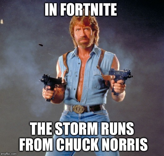 Chuck Norris Guns Meme | IN FORTNITE; THE STORM RUNS FROM CHUCK NORRIS | image tagged in memes,chuck norris guns,chuck norris | made w/ Imgflip meme maker