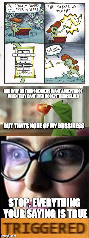 LGBT PEOPLE TALK ABOUT ACCEPTING PEOPLE BUT THEY DONT ACCEPT STRAIGHT WHITE MALES; AND WHY DO TRANSGENDERS WANT ACCEPTANCE WHEN THEY CANT EVEN ACCEPT THEMSELVES; BUT THATS NONE OF MY BUSSINESS; STOP, EVERYTHING YOUR SAYING IS TRUE | image tagged in the scroll of truth,feminism,but thats none of my business,truth hurts | made w/ Imgflip meme maker