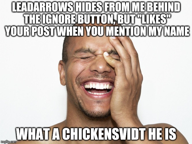 LEADARROWS HIDES FROM ME BEHIND THE IGNORE BUTTON, BUT "LIKES" YOUR POST WHEN YOU MENTION MY NAME; WHAT A CHICKENSVIDT HE IS | made w/ Imgflip meme maker