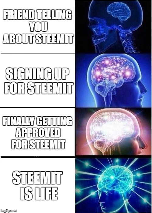 Expanding Brain Meme | FRIEND TELLING YOU ABOUT STEEMIT; SIGNING UP FOR STEEMIT; FINALLY GETTING APPROVED FOR STEEMIT; STEEMIT IS LIFE | image tagged in memes,expanding brain | made w/ Imgflip meme maker