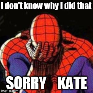 Sad Spiderman | I don't know why I did that; SORRY    KATE | image tagged in memes,sad spiderman,spiderman | made w/ Imgflip meme maker