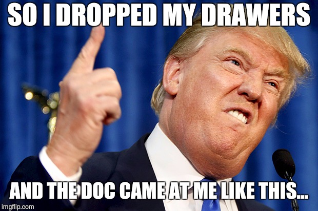 Donald Trump | SO I DROPPED MY DRAWERS; AND THE DOC CAME AT ME LIKE THIS... | image tagged in donald trump | made w/ Imgflip meme maker