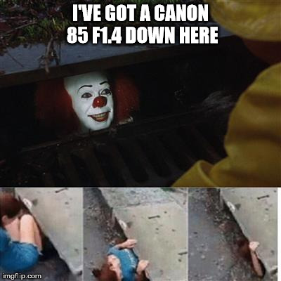 Photographers Be Like... | I'VE GOT A CANON 85 F1.4 DOWN HERE | image tagged in photography,camera,photographer,canon,photographers be like,photography memes | made w/ Imgflip meme maker